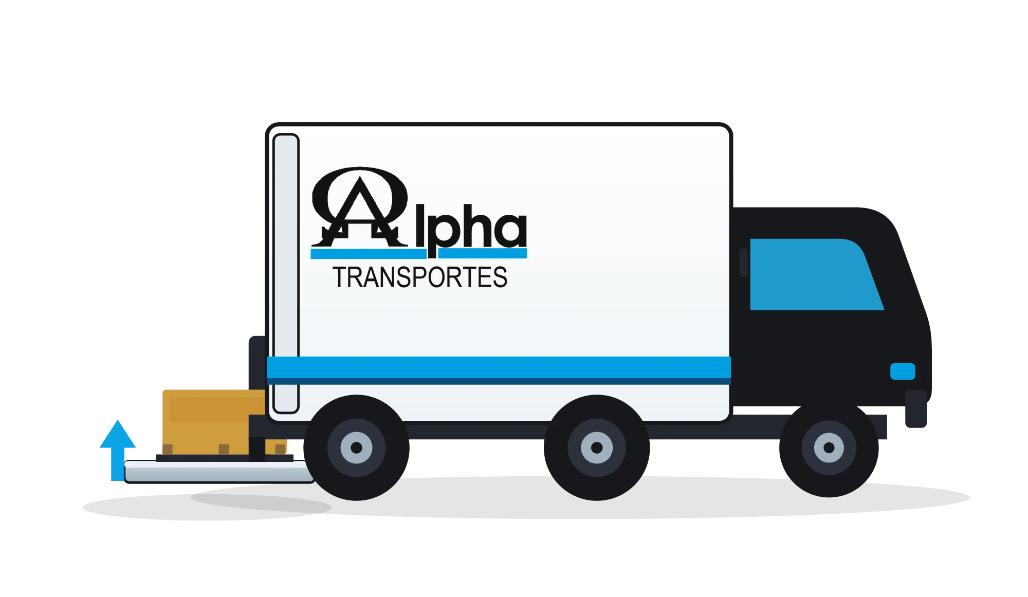 Ilustração de caminhão baú com plataforma elevatória traseira abaixada e palete sobre a plataforma